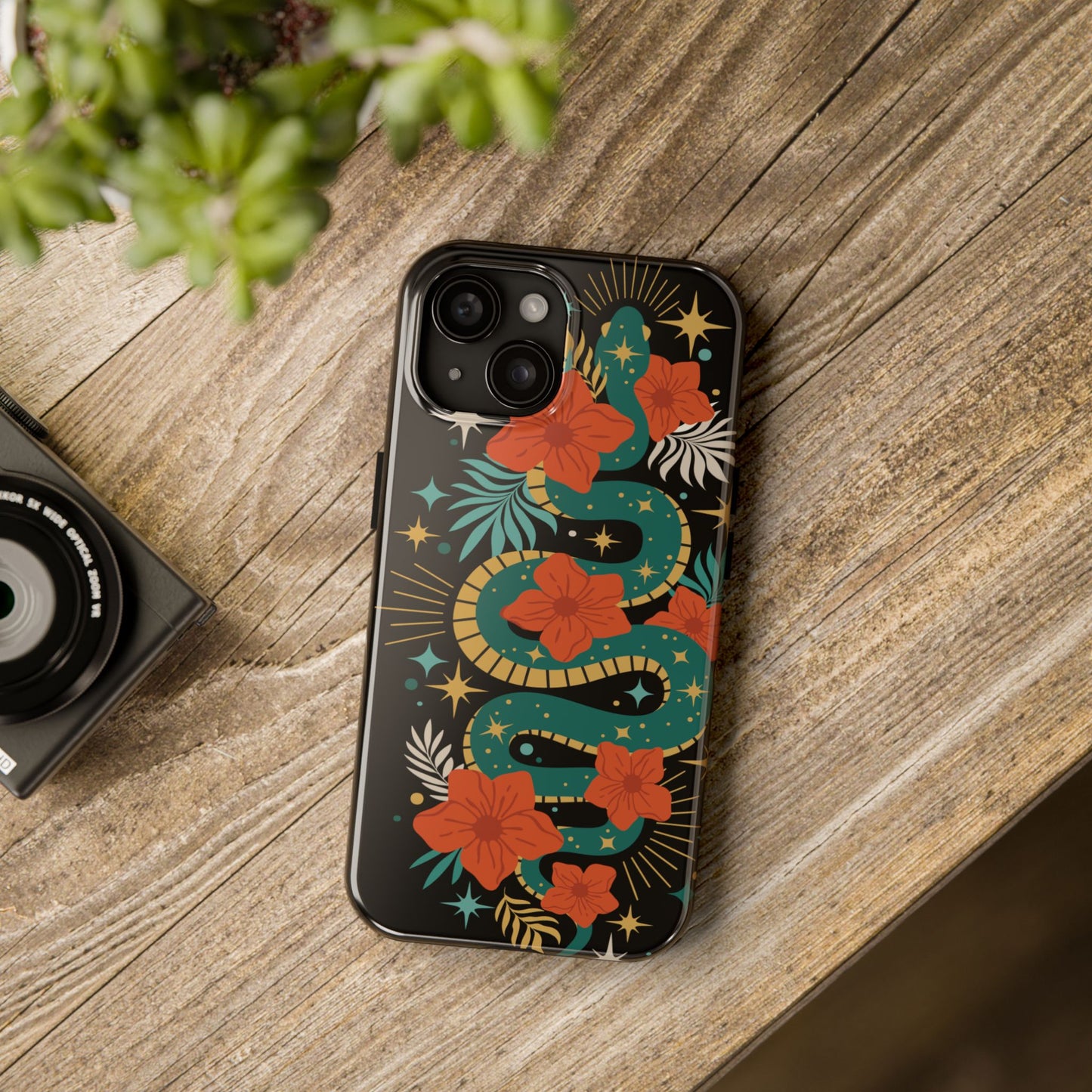 Mystic Snake Cell Phone Case, Black Tough Phone Cases Boho Serpent Snakes Floral Design