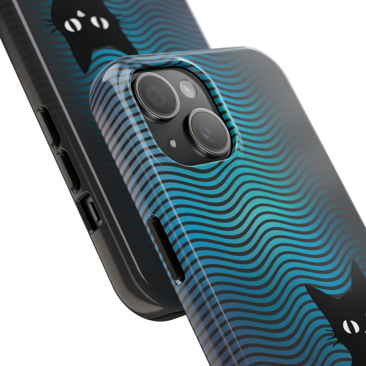 Black Cat Cell Phone Case | Peeking Kitty Graphic on Wavy Teal Background