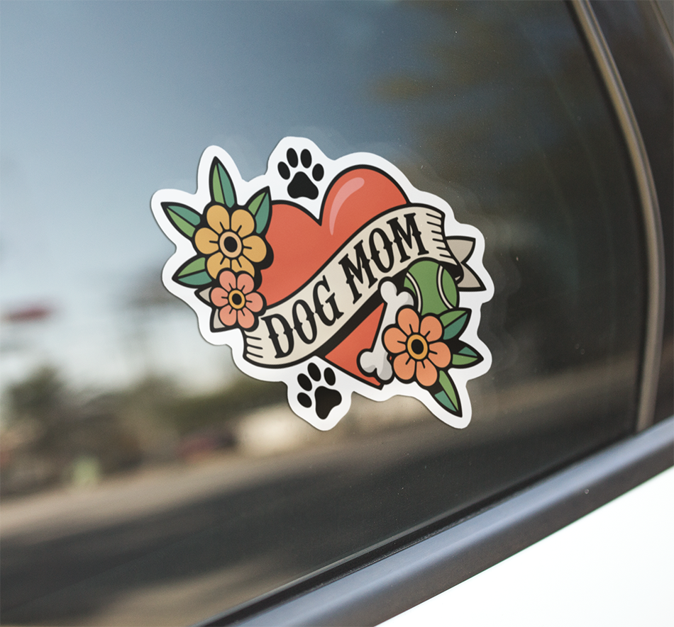Dog Mom Heart Tattoo Sticker - 4" Furbaby Pet Parent Dog Ladies Vinyl Decal Stickers