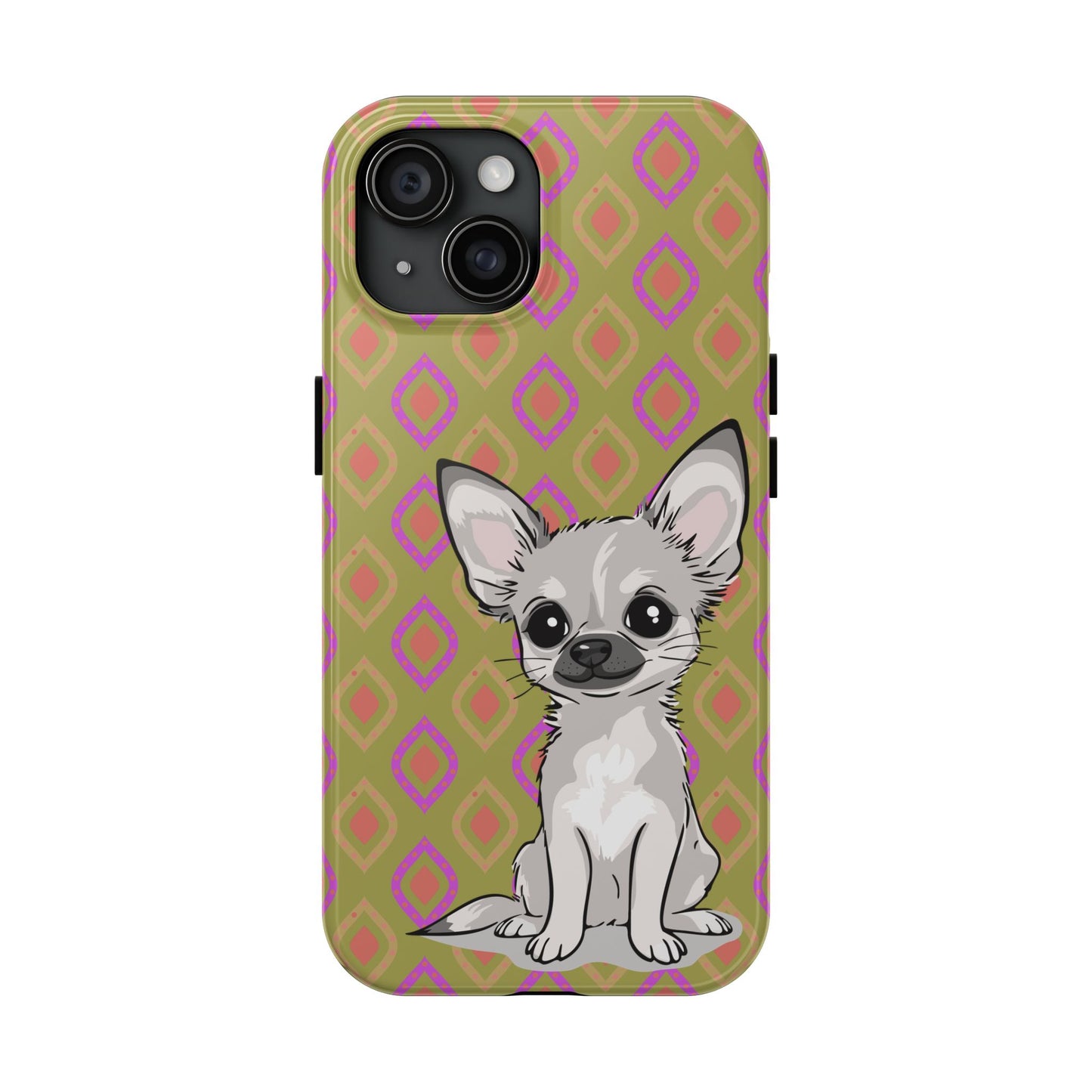 White Chihuahua Puppy Dog Phone Case, Tough Phone Cases Pet Dogs Retro Green  Pattern