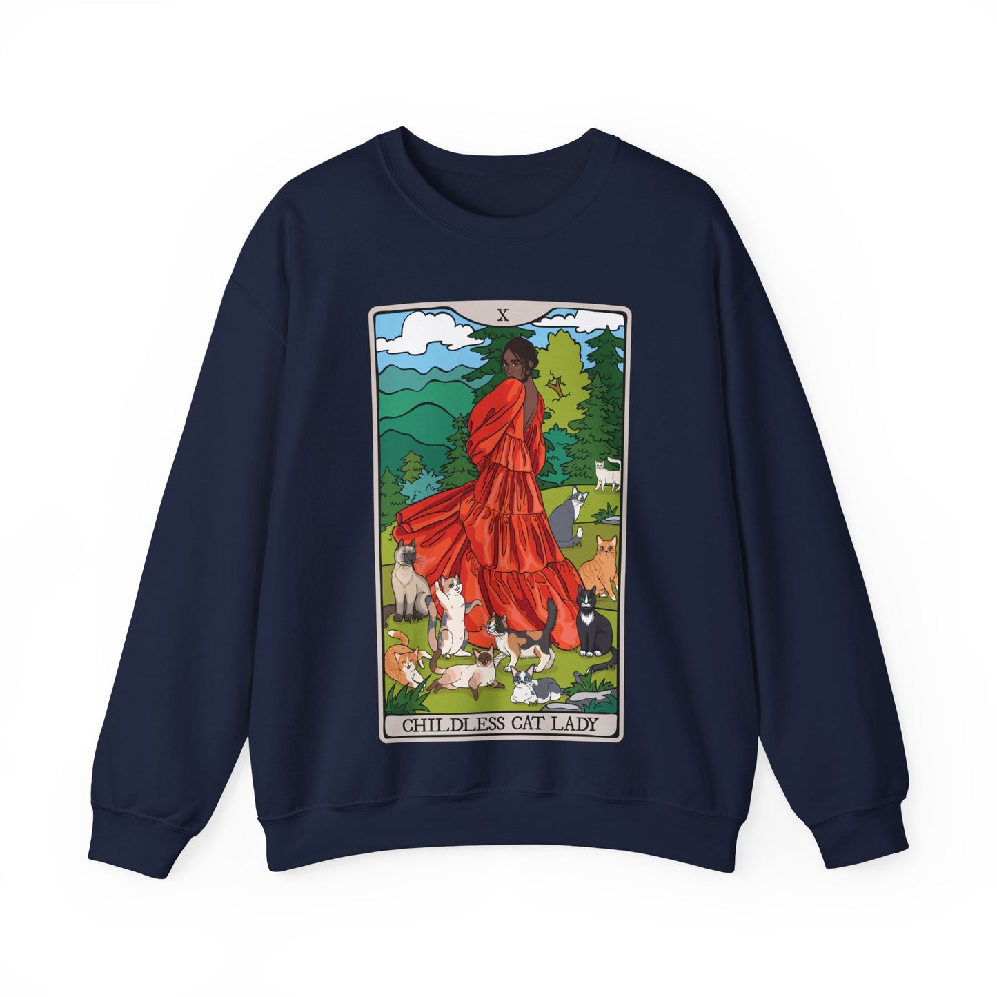 Childless Cat Lady Tarot Card Sweatshirt, Childless Woman Nature Crewneck Sweater, Witchy Apparel - POC Dark Skin Tone