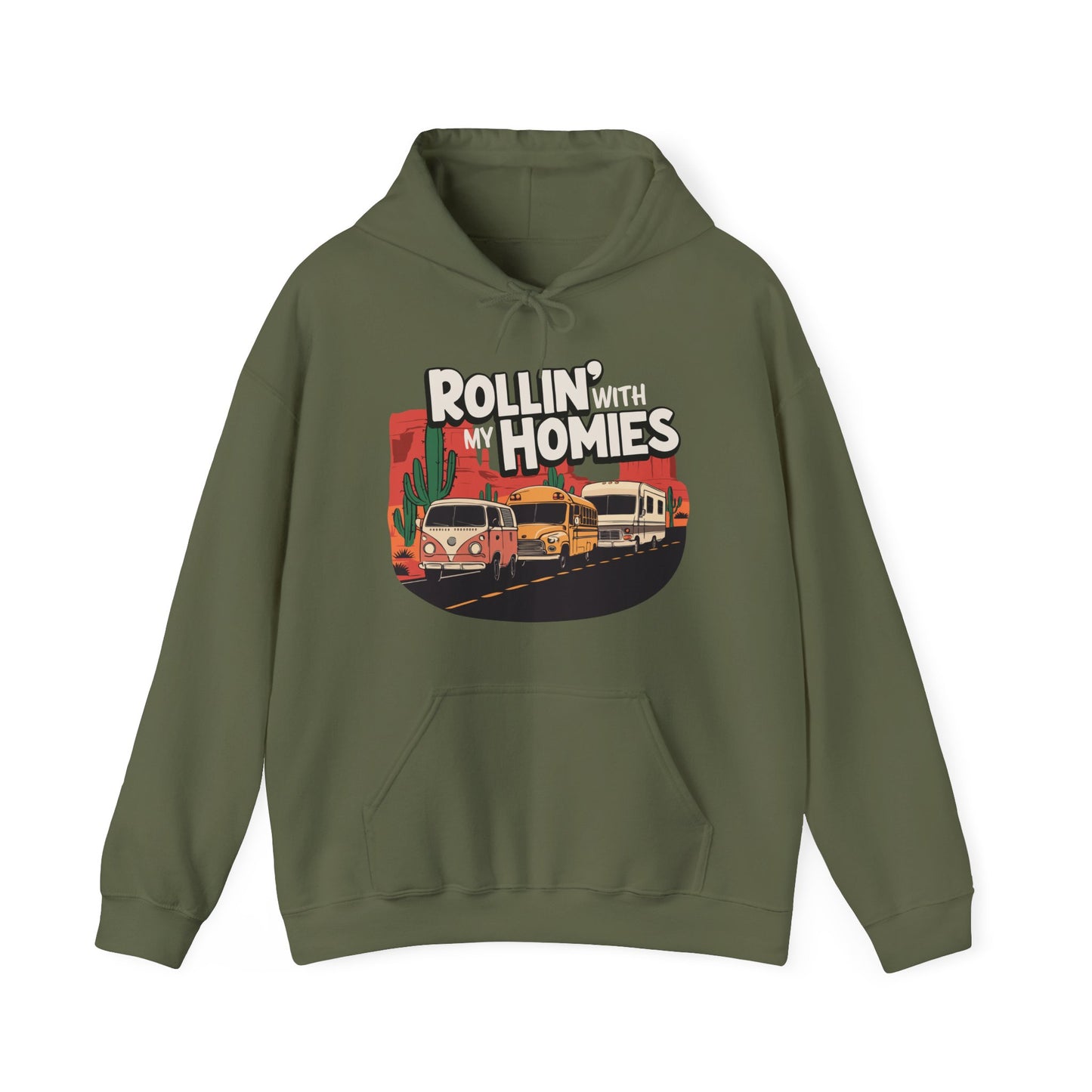 Rollin' With My Homies Hoodie Van Skoolie RV Vanlife Caravan in the Desert Black Long Sleeve Pullover Hoodies Hooded Sweatshirt