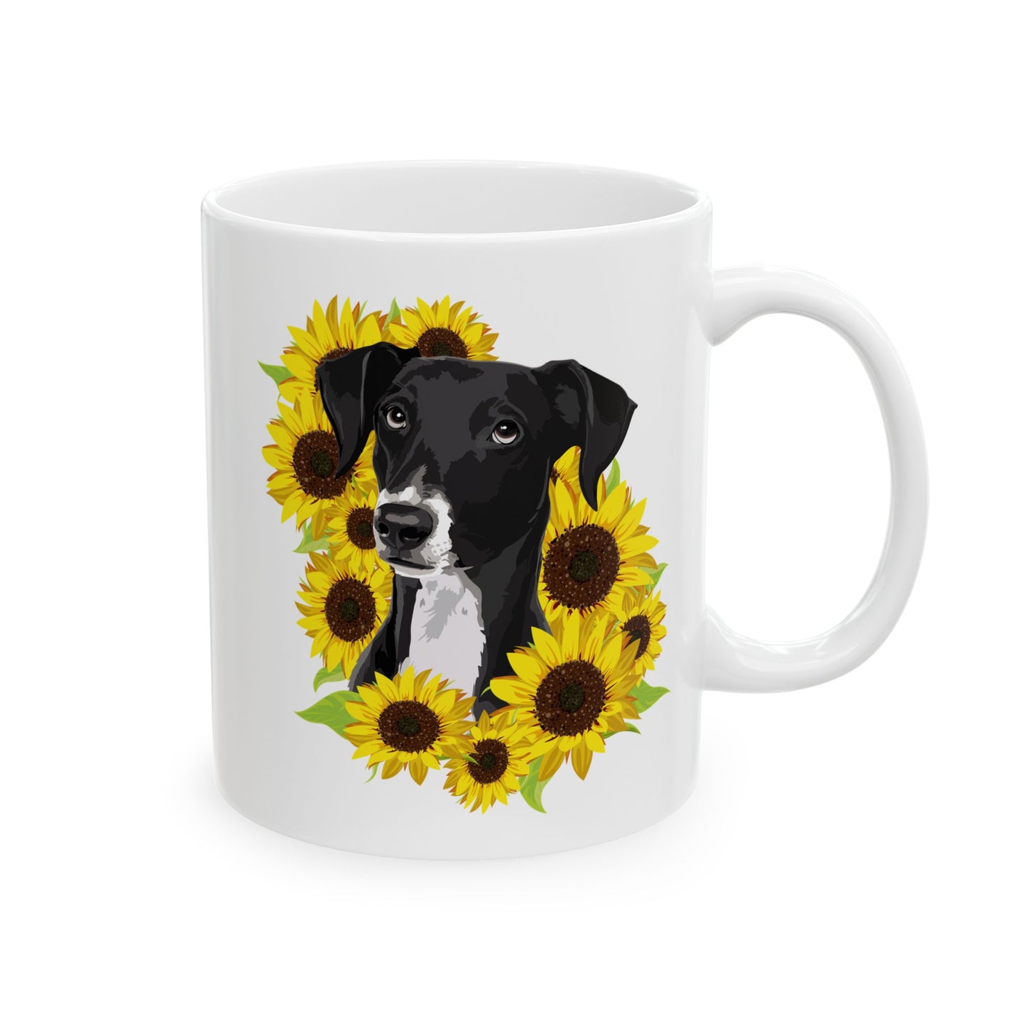 Marley Dog in Sunflowers Ceramic Coffee Mug 11oz - Black Lab Dog with Sunflower Art Print