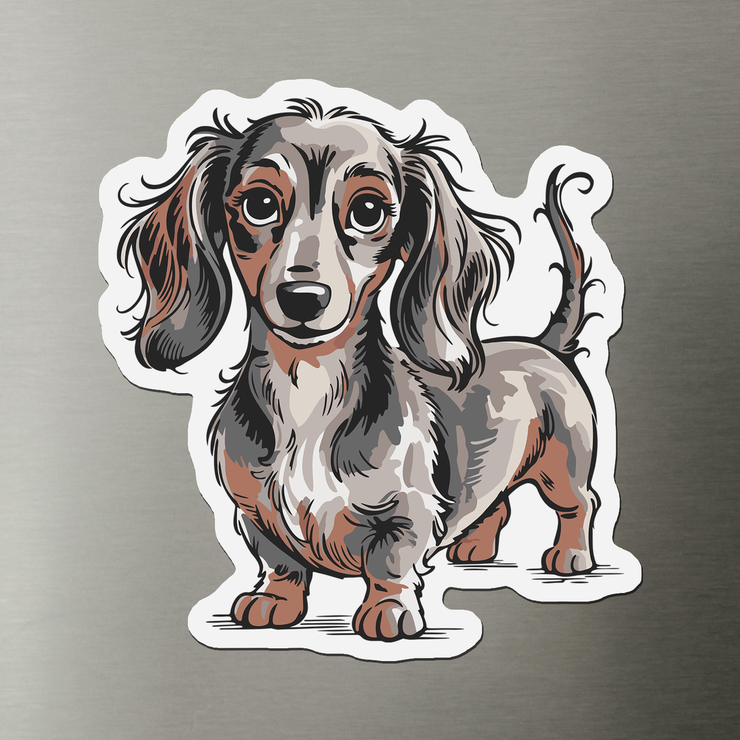 Long Haired Dachshund Dog Magnet, 3" Gray & Brown Wiener Dogs Dachshunds Dogs Vinyl Fridge Magnets Indoor Outdoor