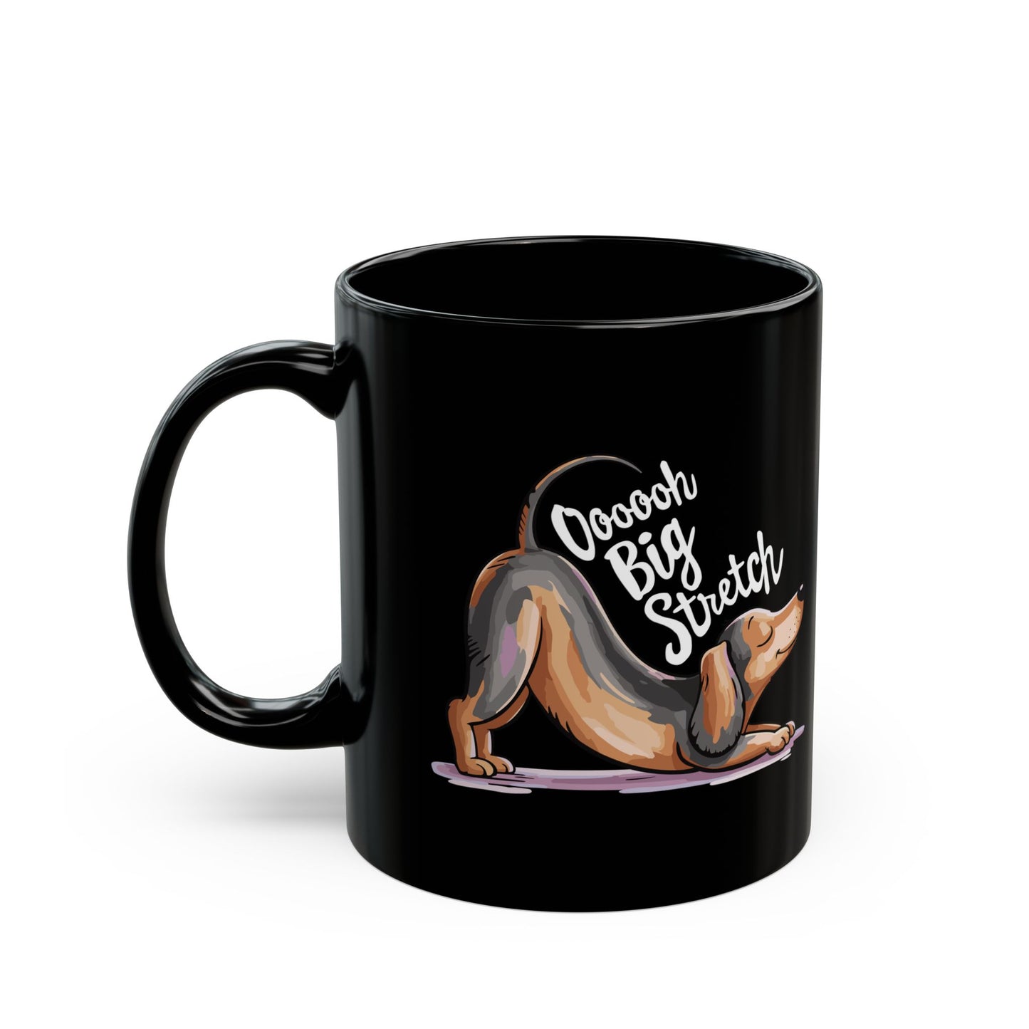Dachshund Dogs Ooh Big Stretch Mug, 11 Ounce Black Ceramic Coffee Cup Funny Stretching Wiener Dog Print Doxie Pup Mugs