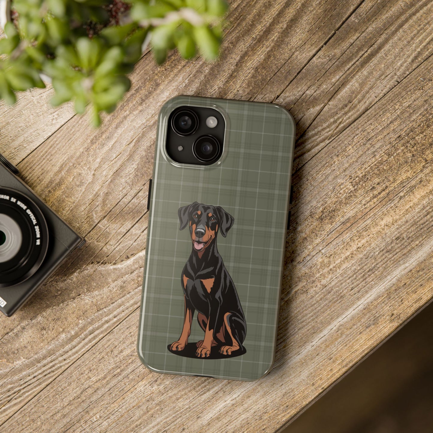 Doberman Pinscher Dog Phone Case, Tough Phone Cases Pet Dogs Green Plaid Pattern