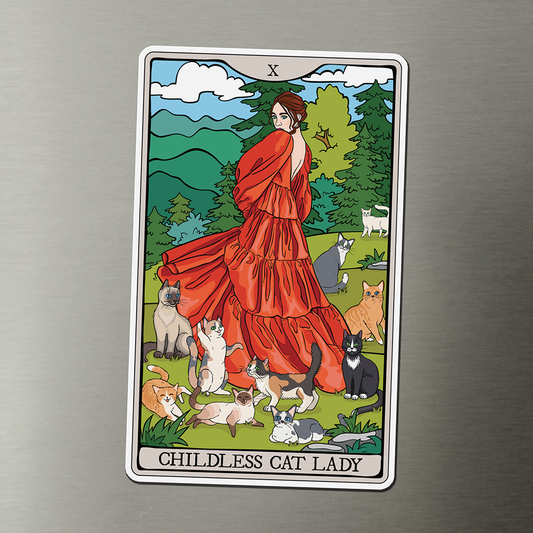 Childless Cat Lady Tarot Card Magnet - 4" Cat Ladies Vinyl Fridge Magnets Indoor Outdoor, Child-Free Woman & Cats