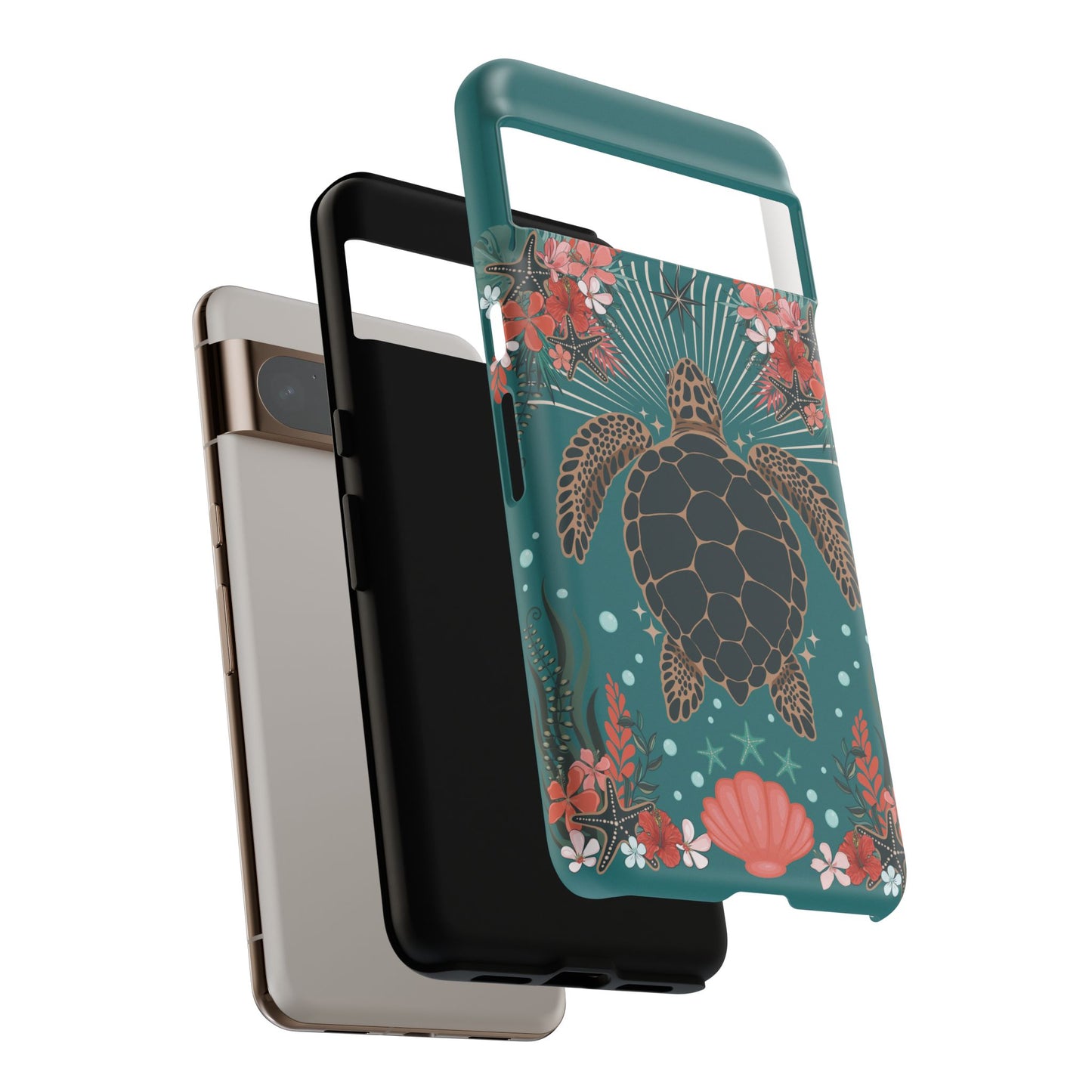 Sea Turtle Illustration Phone Case | Ocean Turtles Coral Floral Pattern Cell Phone Cases - Iphone, Google Pixel, Samsung - Matte Finish