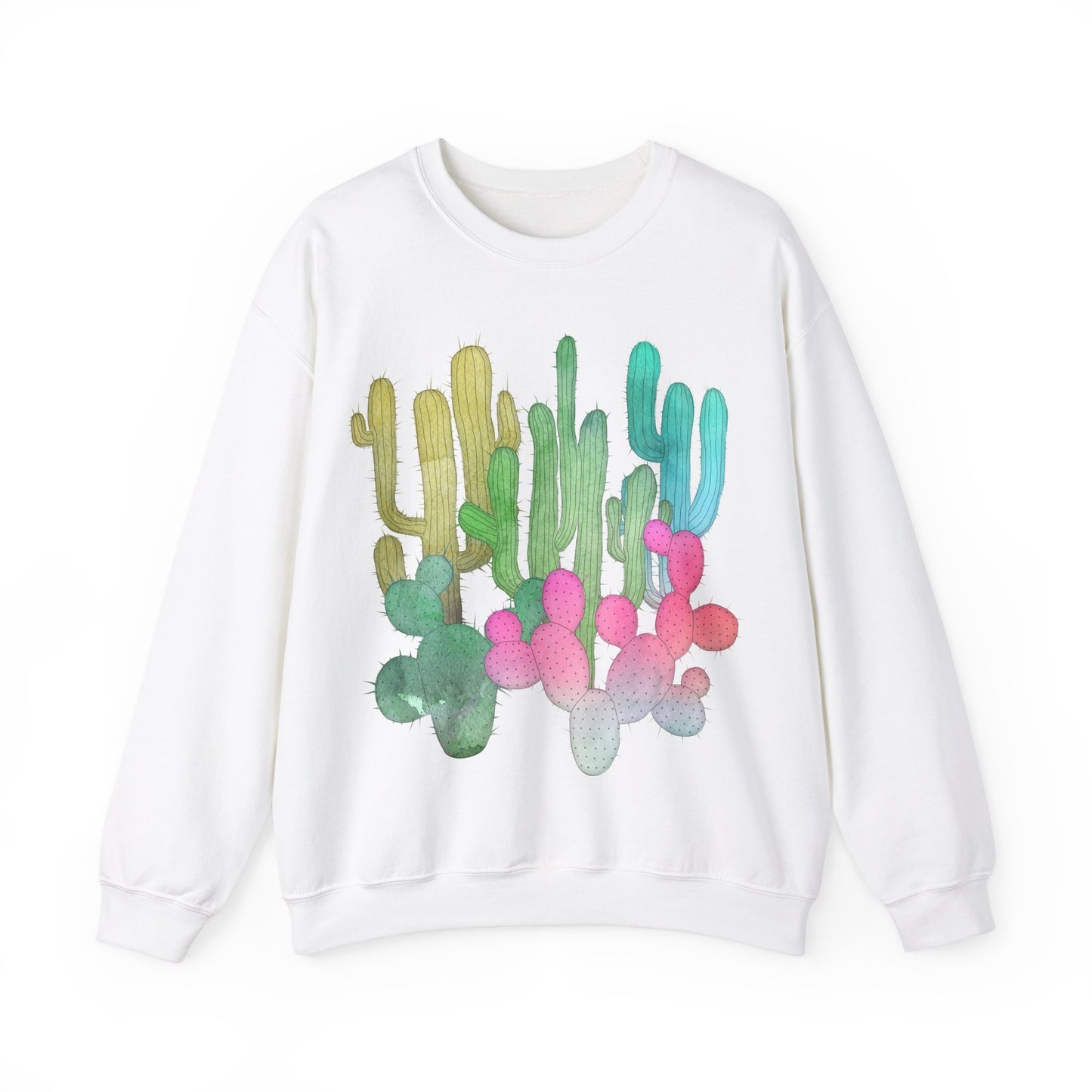 Cactus Garden Arizona Desert Crewneck Pullover Sweatshirt Colorful Saguaro Cactus Print