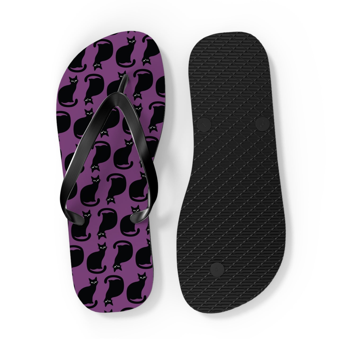 Black Cat Pattern Flip Flops | PurpleGoth Cat Silhouette Beach Sandals, Halloween Spooky Gothic Summer Footwear
