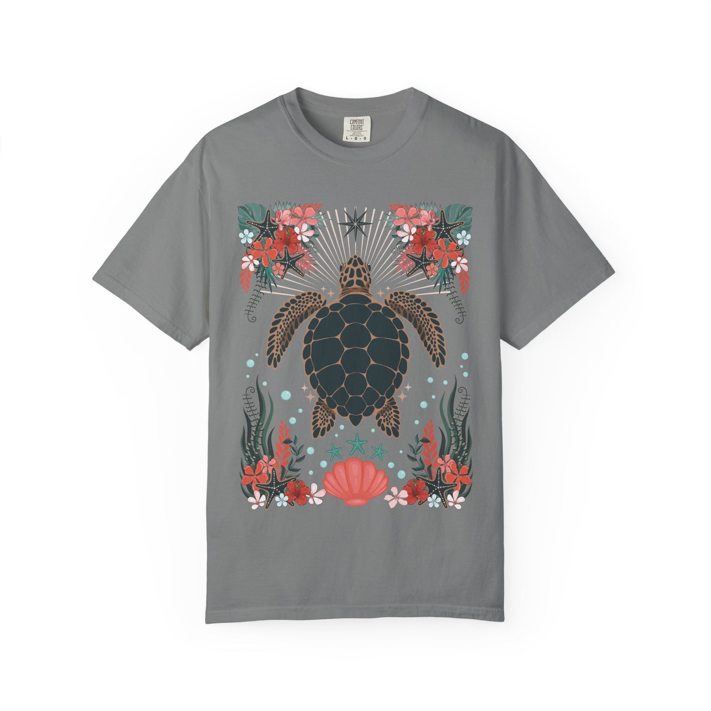 Sea Turtle Floral T-Shirt - Hawaii Coastal Ocean Turtles Tropical Flowers Coral Starfish and Shells Graphic Tee