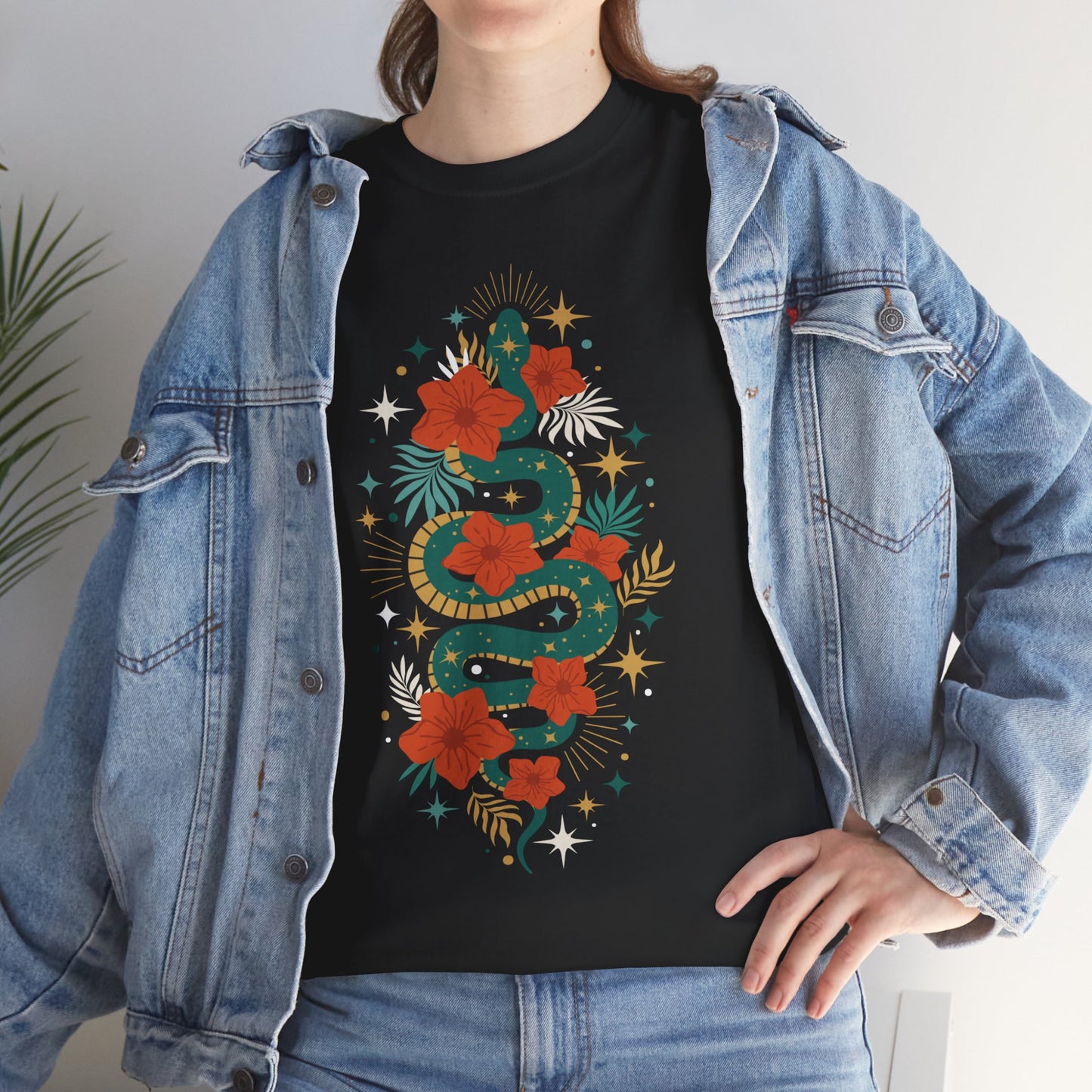 Boho Jade Snake Stars Flowers Cotton Tee, Unisex T-Shirt, Hippie Graphic Print Shirt, Bohemian Festival Top, Celestial Serpent Tee