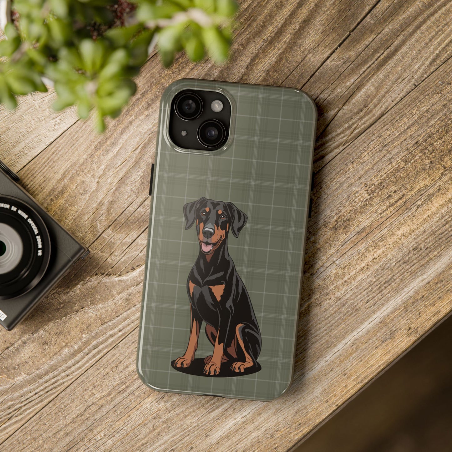 Doberman Pinscher Dog Phone Case, Tough Phone Cases Pet Dogs Green Plaid Pattern