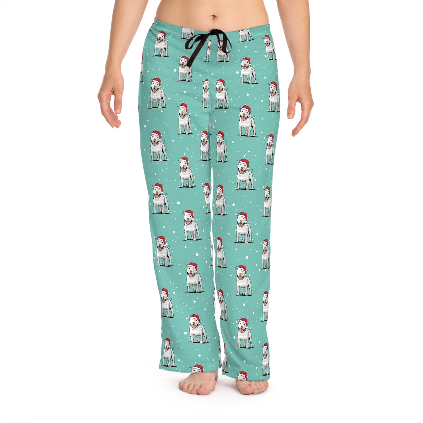 Snowy Pit Bull Dog  Women's Christmas Pajama Pants, Santa Pitbull Dogs PJ Bottoms, Cozy Winter Loungewear, Matching Holiday Sleepwear