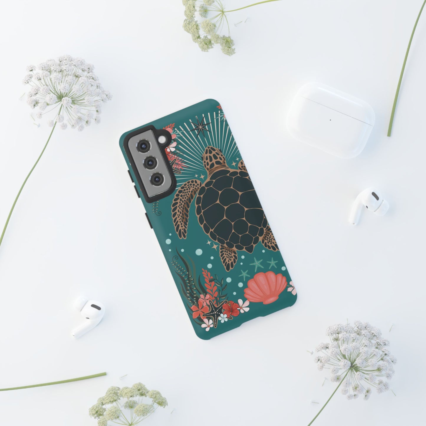 Sea Turtle Illustration Phone Case | Ocean Turtles Coral Floral Pattern Cell Phone Cases - Iphone, Google Pixel, Samsung - Matte Finish