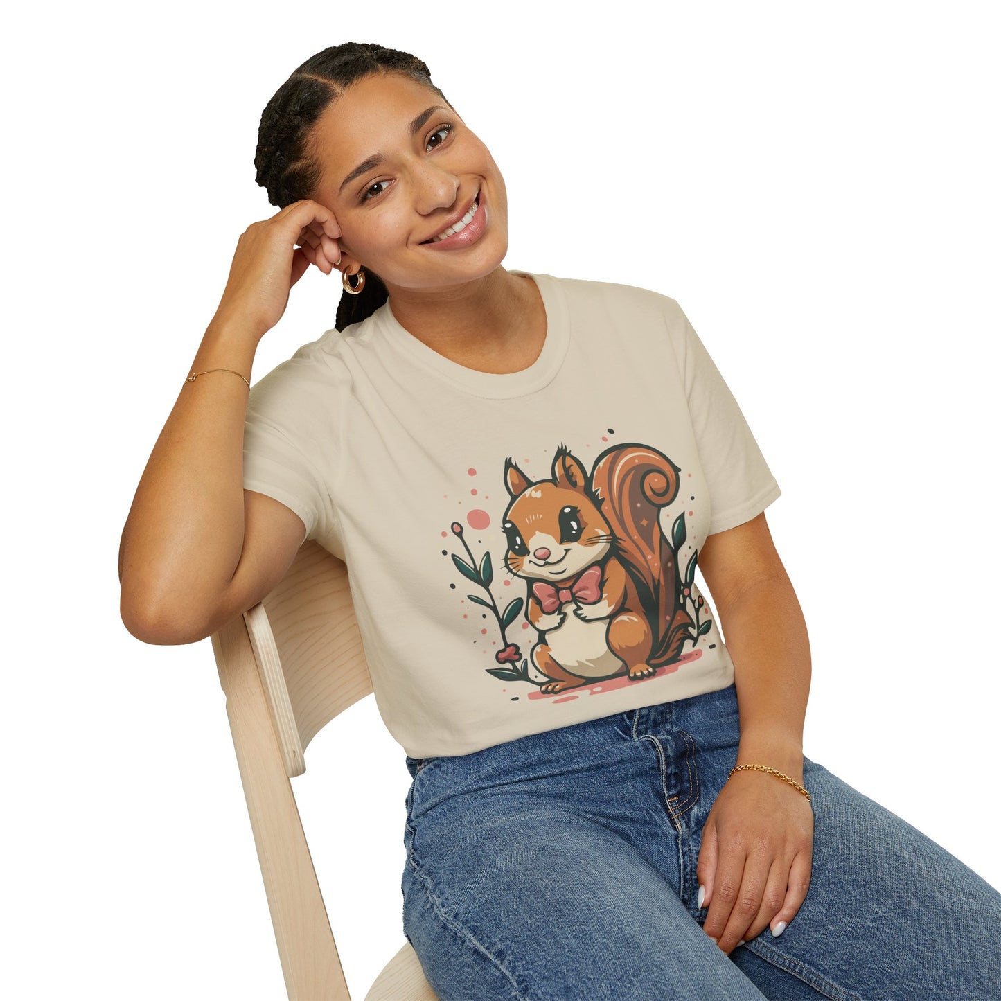 Woodland Squirrel Soft Style T-Shirt - Cute Squirrel with Bowtie and Flowers on Soft Unisex Tee