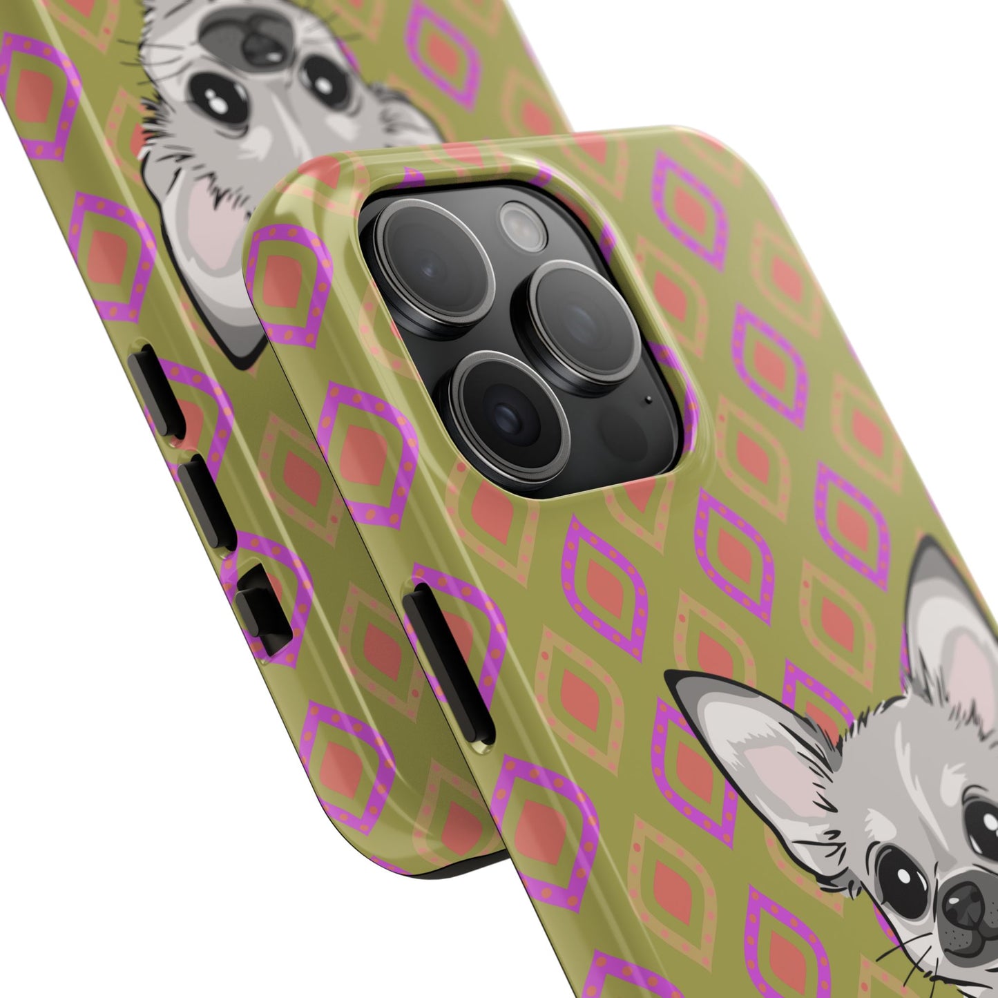 White Chihuahua Puppy Dog Phone Case, Tough Phone Cases Pet Dogs Retro Green  Pattern