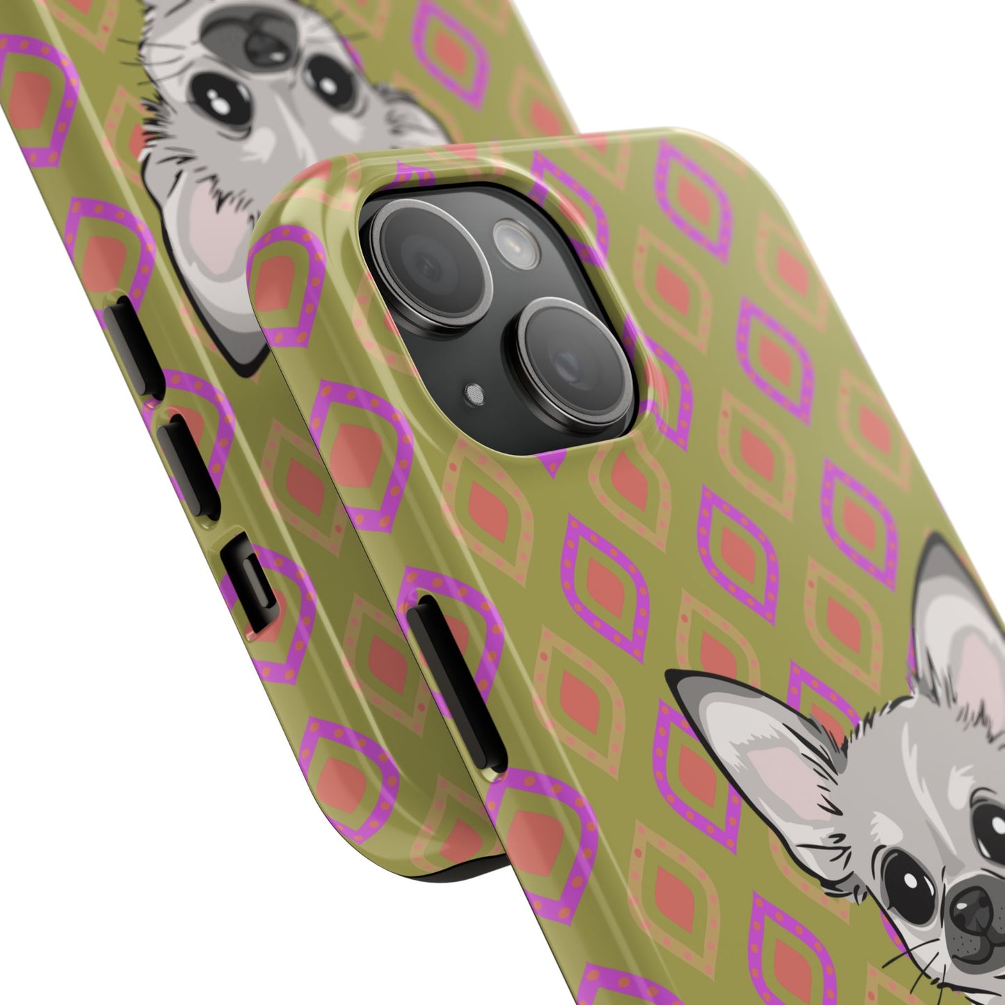 White Chihuahua Puppy Dog Phone Case, Tough Phone Cases Pet Dogs Retro Green  Pattern