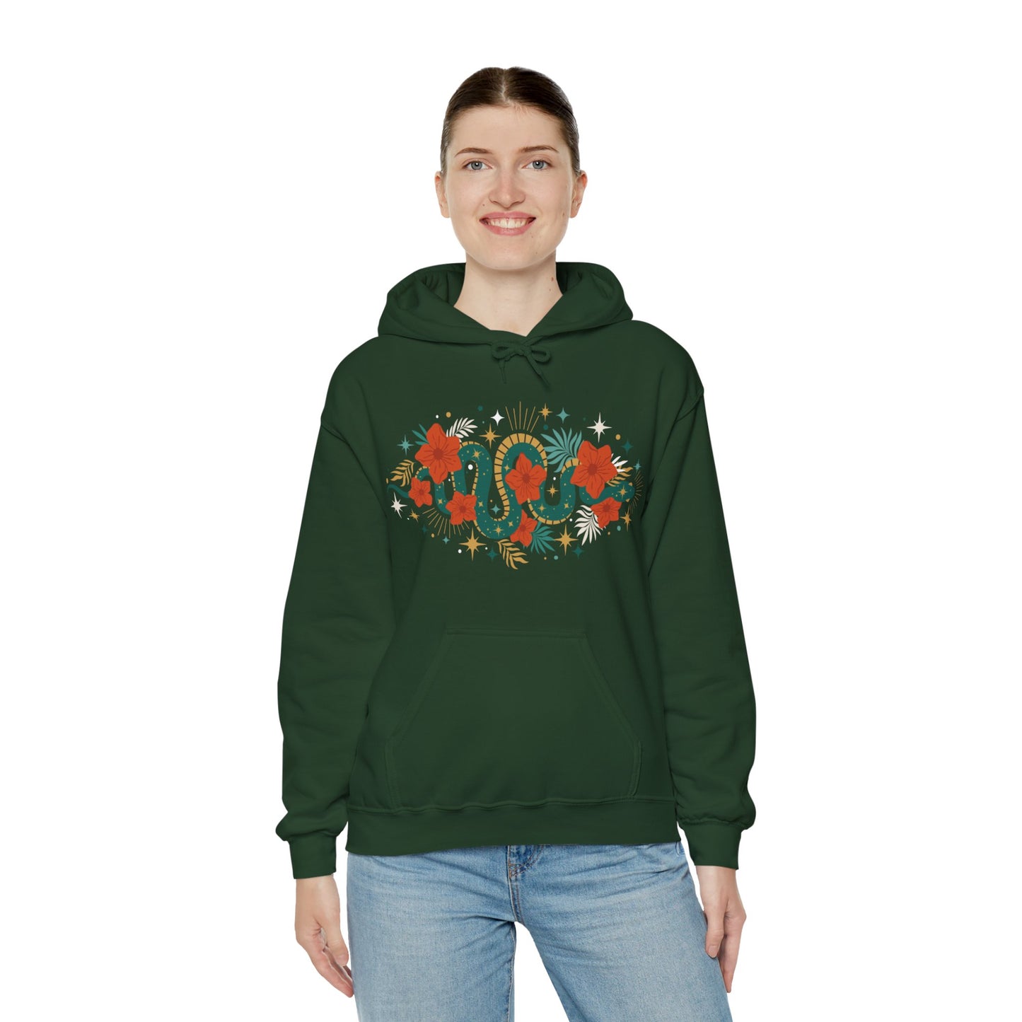 Mystic Jade Snake & Flower Unisex Hoodie, Boho Pullover Hooded Sweatshirt, Bohemian Witchy Snake Print Hoodies