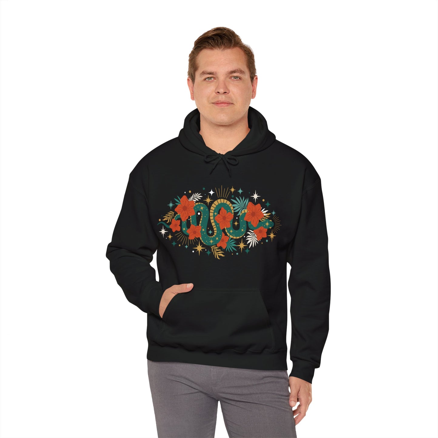 Mystic Jade Snake & Flower Unisex Hoodie, Boho Pullover Hooded Sweatshirt, Bohemian Witchy Snake Print Hoodies