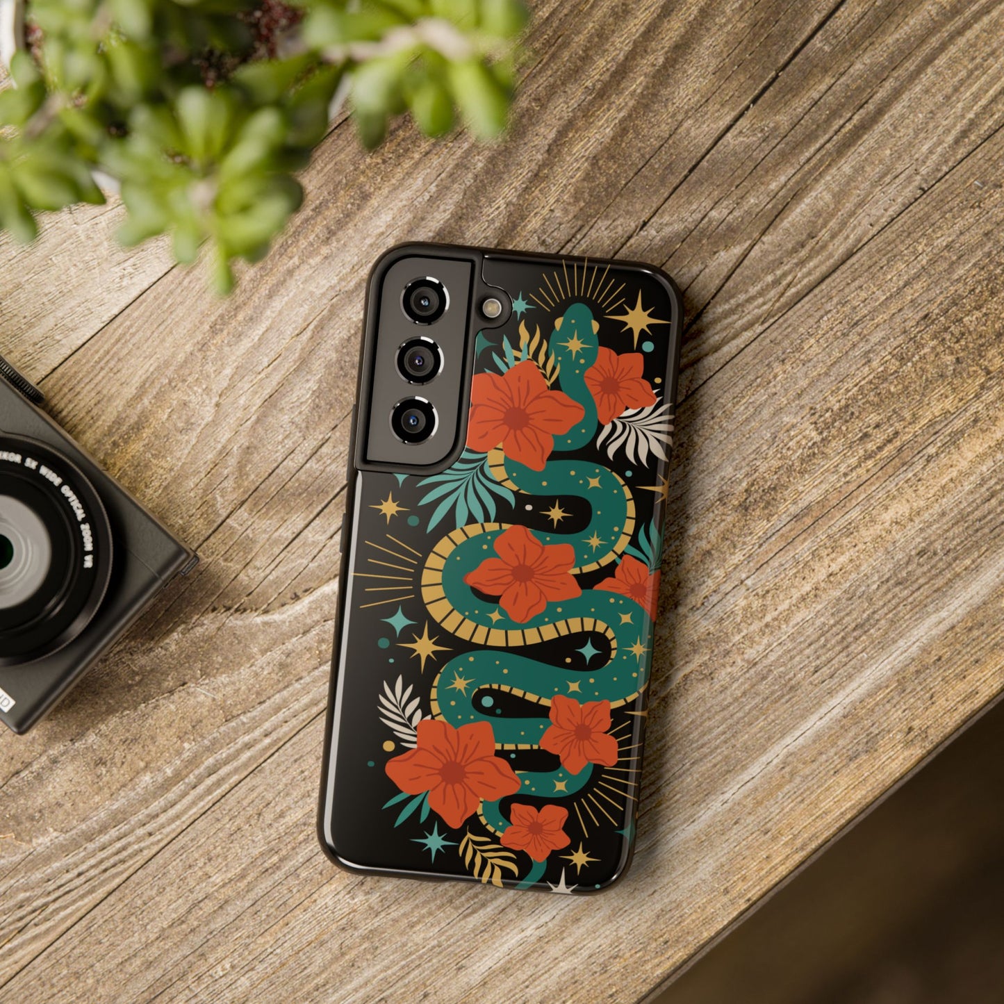 Mystic Snake Cell Phone Case, Black Tough Phone Cases Boho Serpent Snakes Floral Design