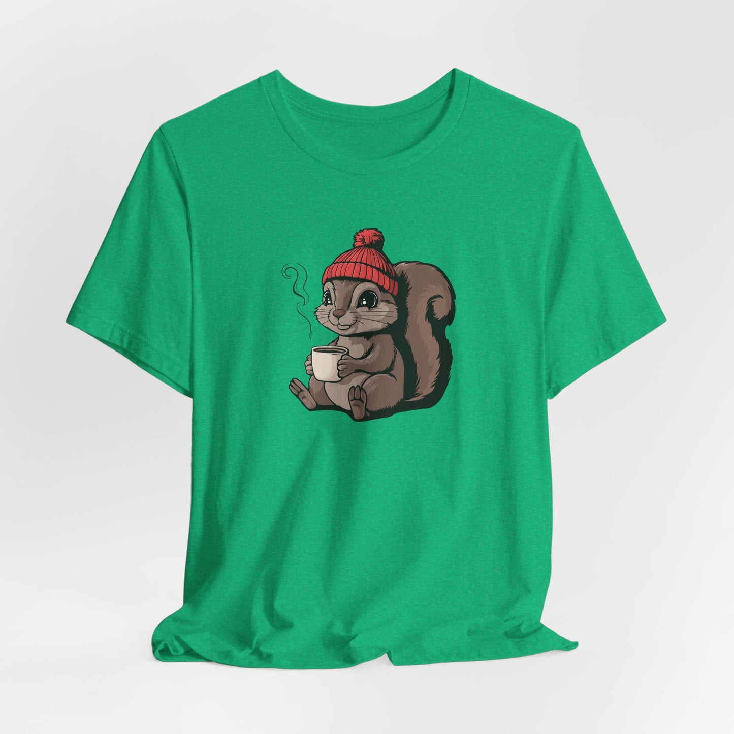 Cozy Squirrel with Coffee T-Shirt | Cute Fall Squirrels Woodland Animal Tee, Short Sleeve Graphic Print Shirts
