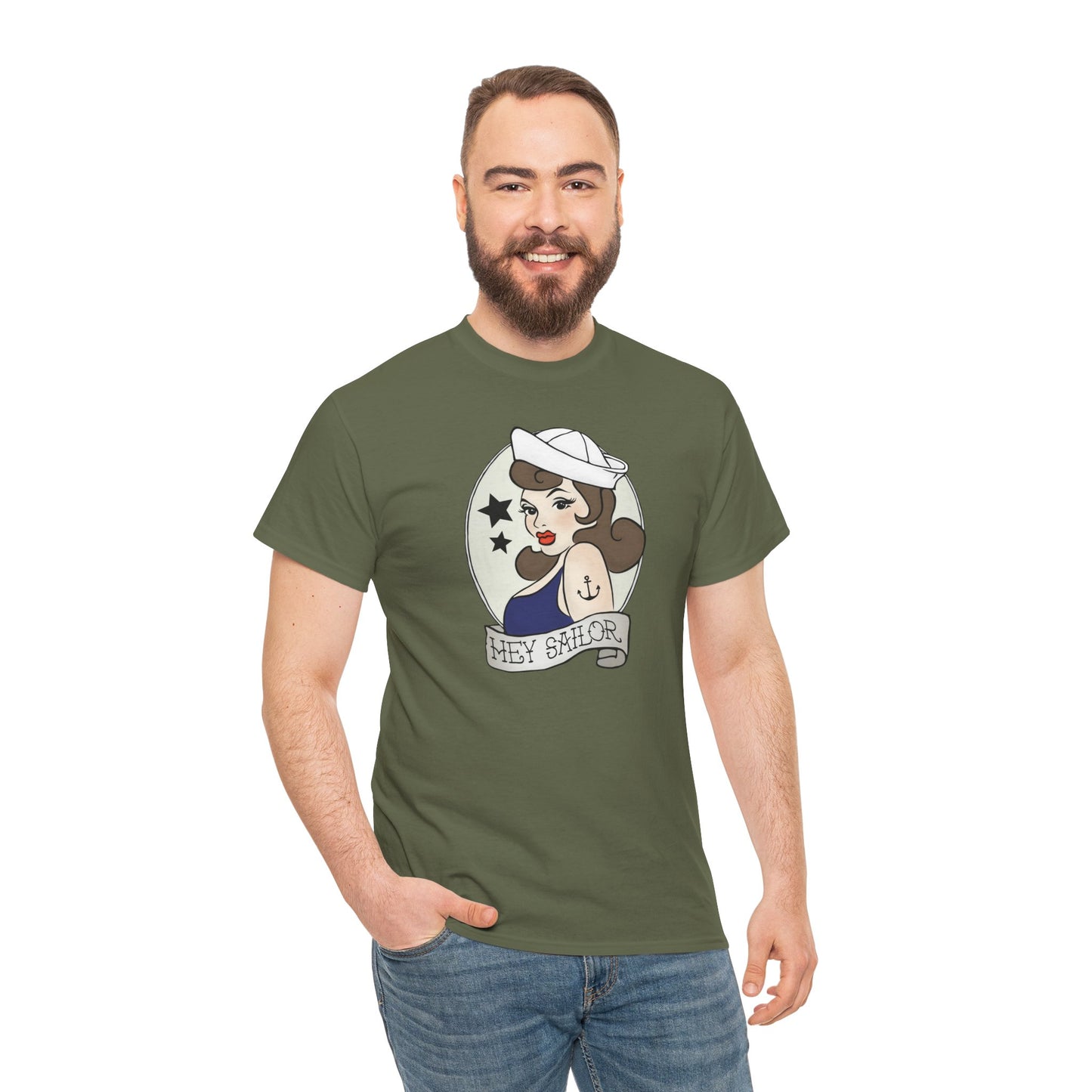 Hey Sailor Pinup Nautical Tattoo T-shirt Unisex Heavy Cotton Tee Mens Womens