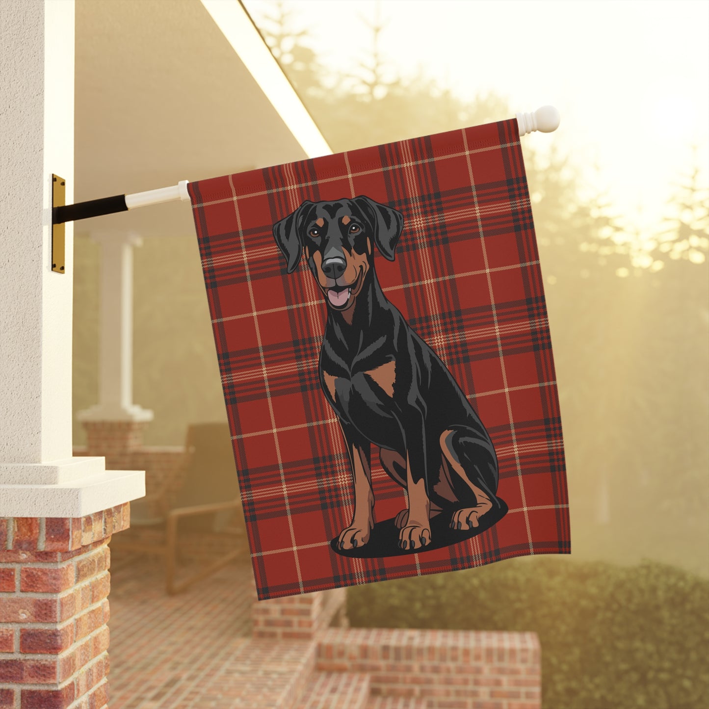 Doberman Pinscher Red Plaid Outdoor Garden Flag, Christmas Holiday Yard Decorations