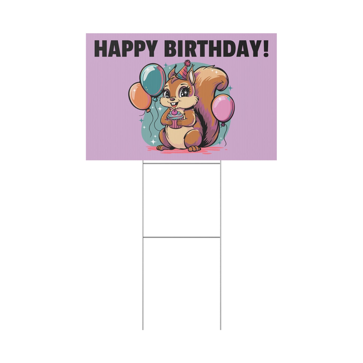 Happy Birthday Party Squirrel Plastic Yard Sign Purple Squirrels Balloons Cupcake Celebration Squirrels B-day Yard Signs
