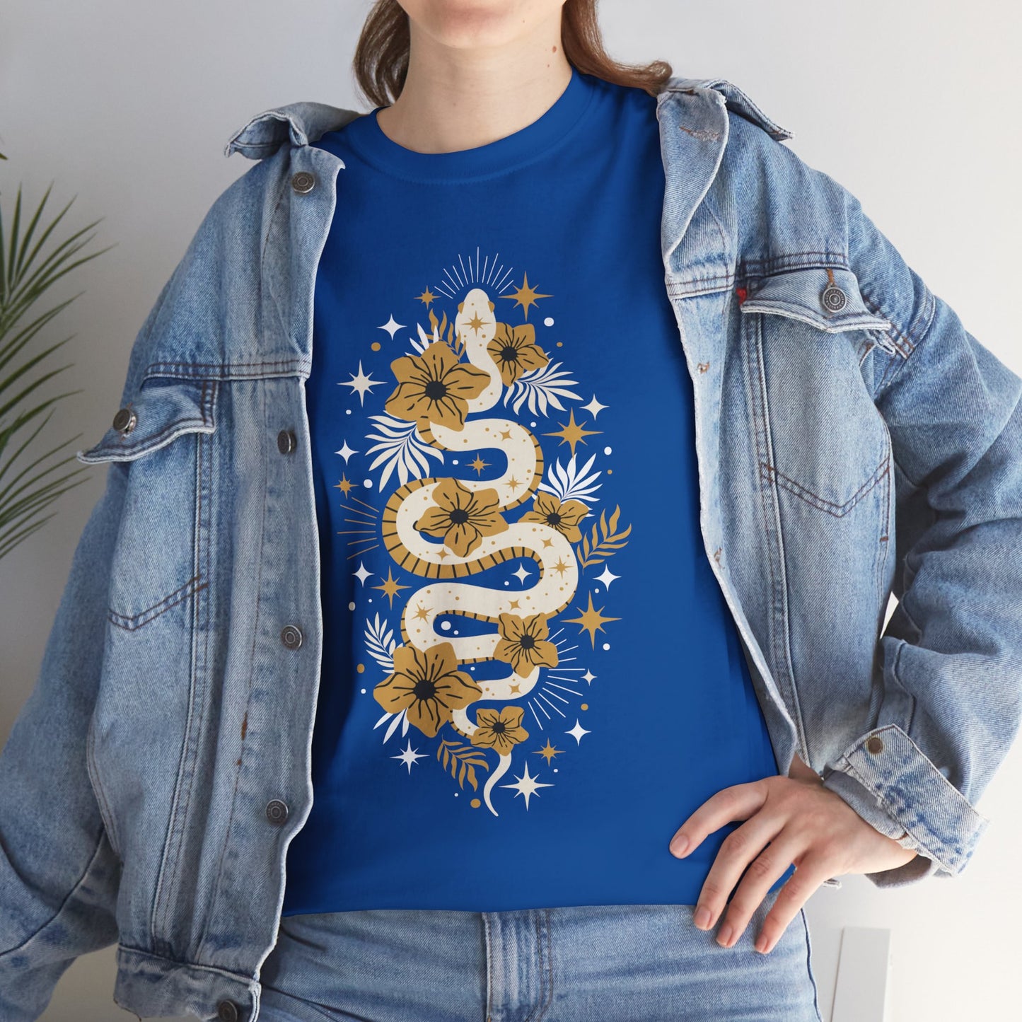 Boho Golden Snake Stars Flowers Cotton Tee, Unisex T-Shirt, Hippie Graphic Print Shirt, Bohemian Festival Top, Celestial Serpent Tee