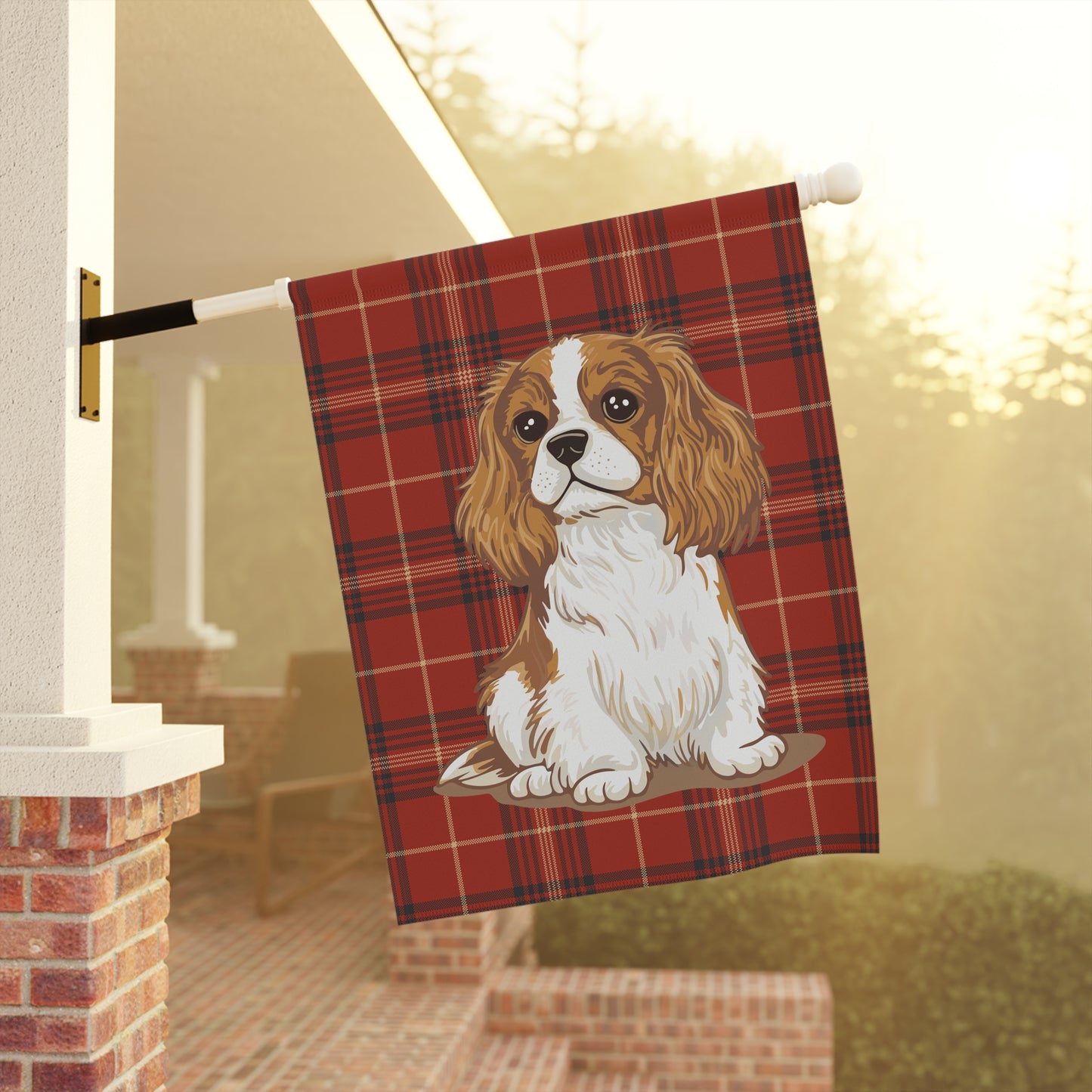 Blenheim Cavalier King Charles Spaniel Red Tartan Plaid Outdoor Garden Banner Flag, Christmas Holiday Yard Decorations