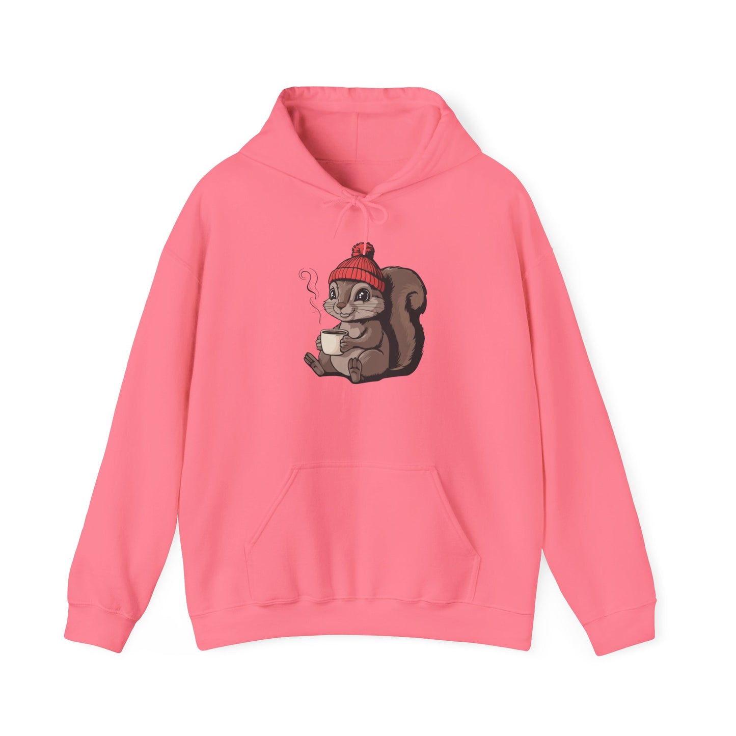 Cozy Squirrel  Pullover Hoodie Unisex Heavy Blend Hooded Sweatshirt with Squirrel in Beanie with Cup Of Coffee Graphic Print