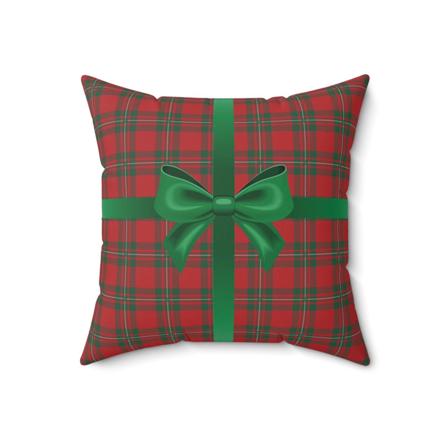 Holiday Gift Throw Pillow, Green Bow on Red Plaid Wrapped Present Pillows, Christmas Home Decor Xmas Decorations, Square Cushion and Cover