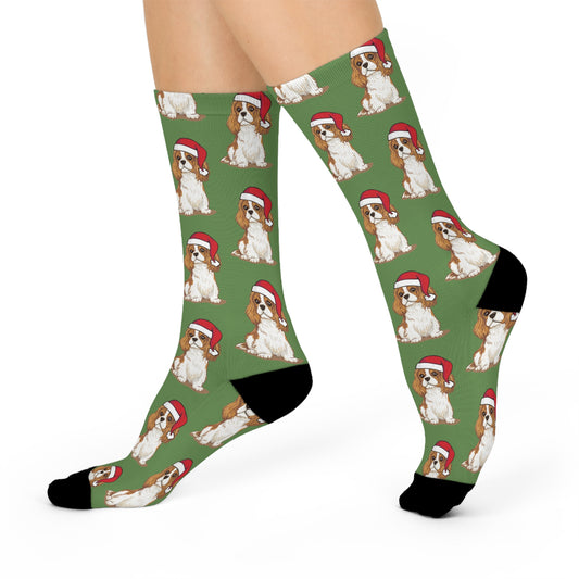 Cavalier King Charles Spaniel Dog Socks, Holiday Santa Dogs Crew Socks, Christmas Novelty Socks, Xmas Puppies Pattern