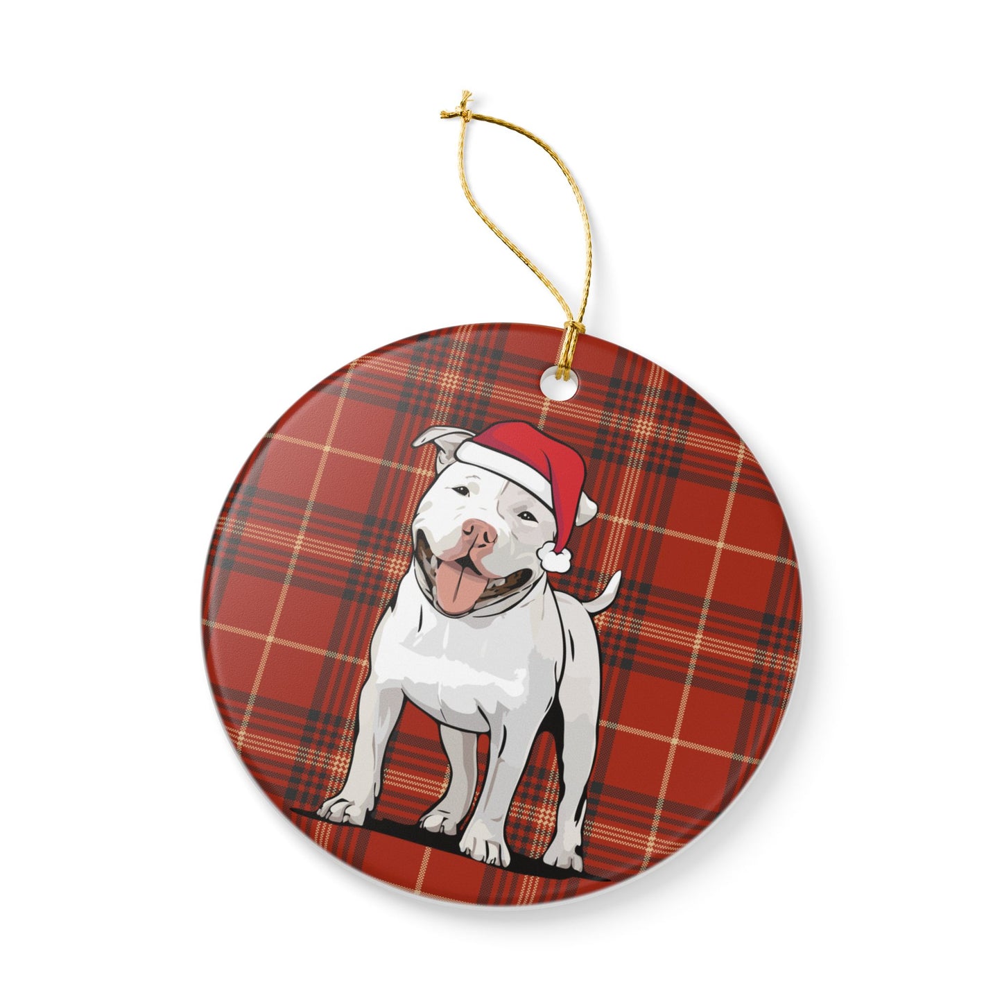 Santa Pit Bull Dog Christmas Tree Ornament, Xmas Pitbull Dogs Holiday Decorations, Pet Lover Gift, Red Plaid Ceramic Ornaments