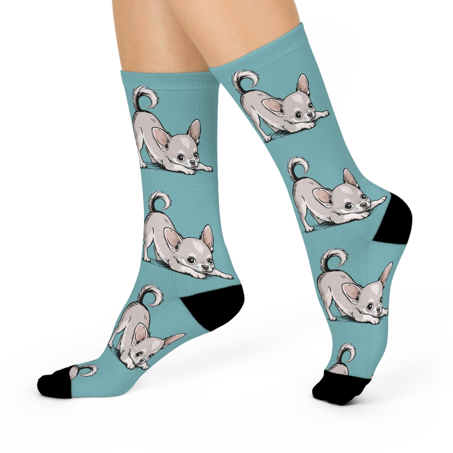 Playful Chihuahua Puppy Dogs Pattern Cushioned Crew Socks | Teal Dog Print Cute Noverlty Footwear Accessories
