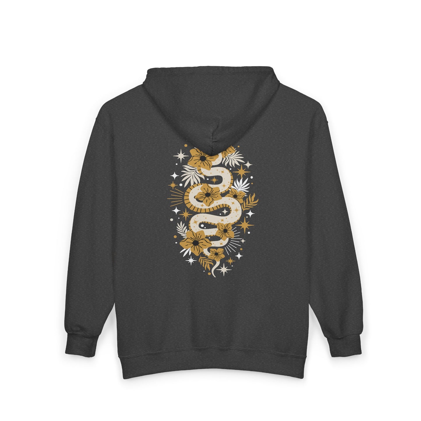 Mystic Gold Snake Black Zip Up Hoodie - Full Zip Hooded Sweatshirt Jacket, Boho Floral Serpent Design Zipper Hoodies Mens Womens Sweatshirts