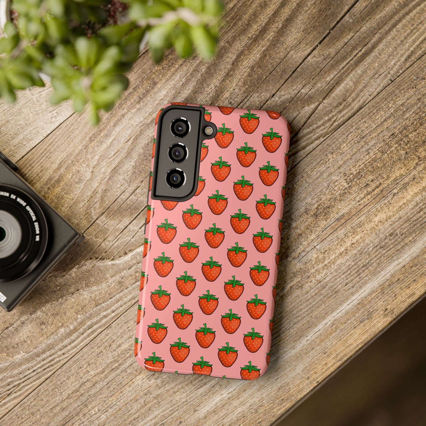 Strawberry Pattern Tough Phone Case, Cute Pink Berry Fruit Strawberries Design Cell Phone Cases