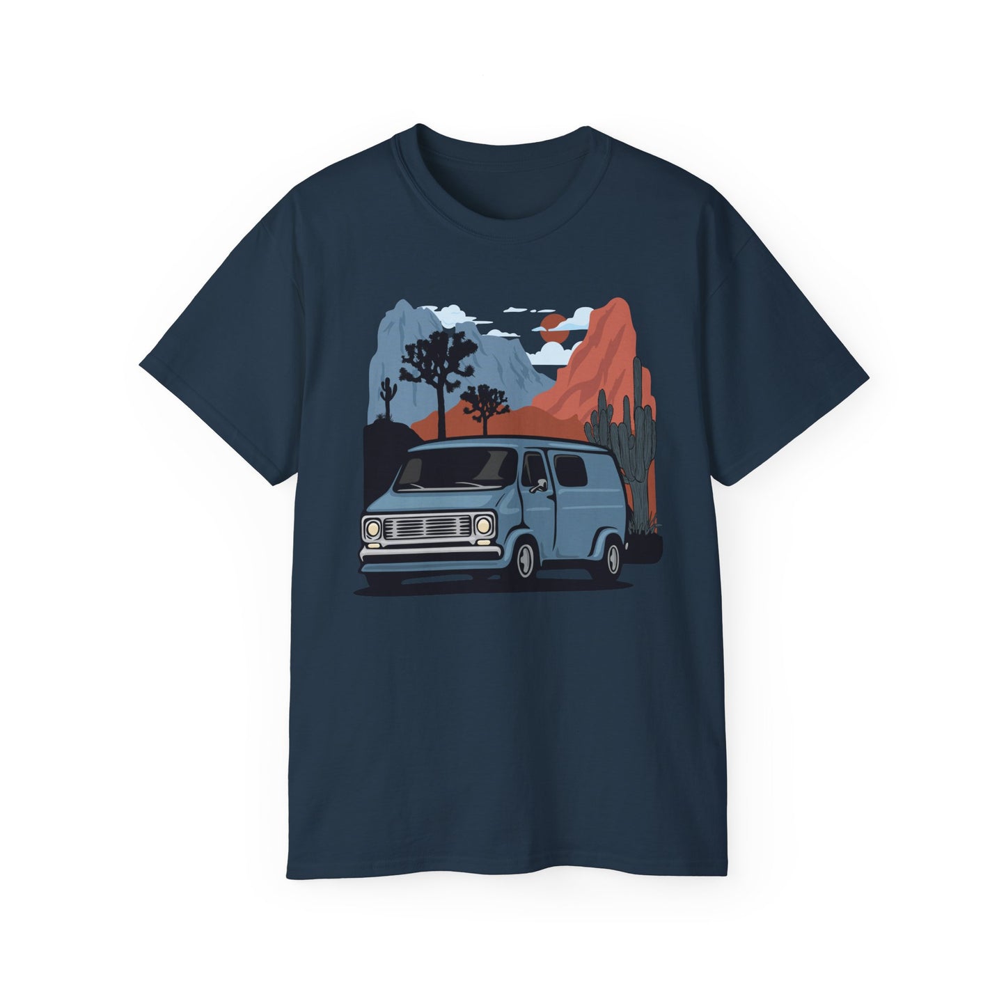 Arizona Desert Vanlife Camper Van Cotton T-shirt - Short Sleeve Tee Retro Van in Joshua Tree & Cactus Landscape