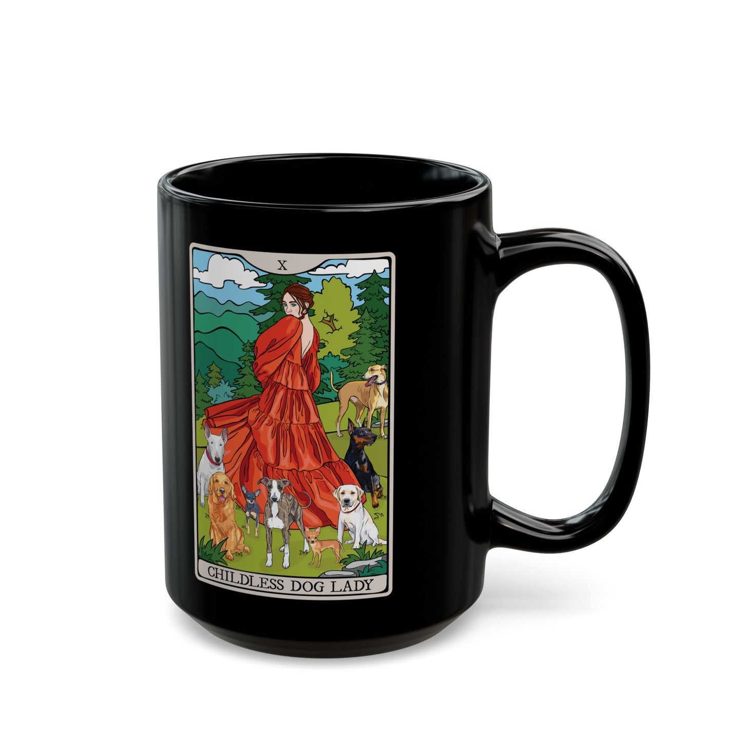 Black Mug - Childless Dog Lady Tarot Card Ceramic Coffee Cup, 15oz - Dog Lover Gift, Woman with Dogs Mugs, Tarot Card Reader Gifts