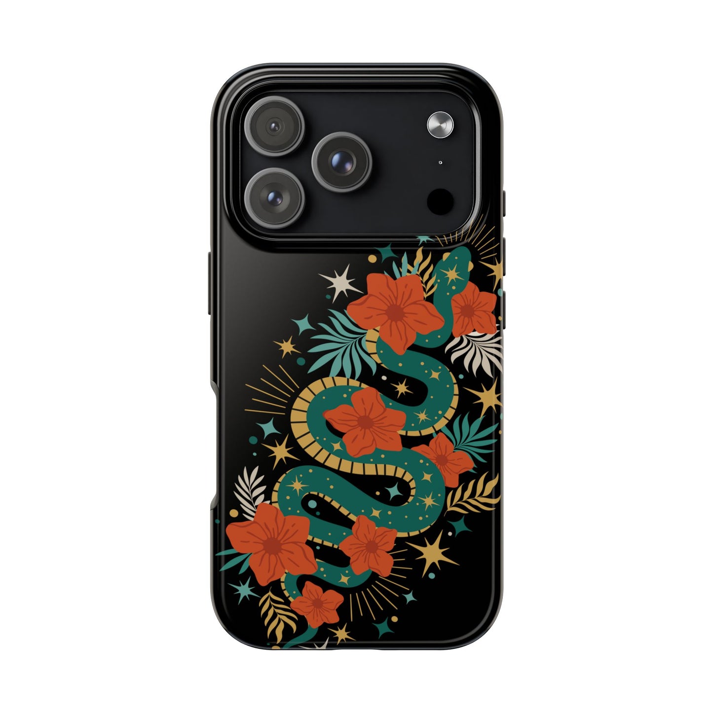 Mystic Snake Cell Phone Case, Black Tough Phone Cases Boho Serpent Snakes Floral Design