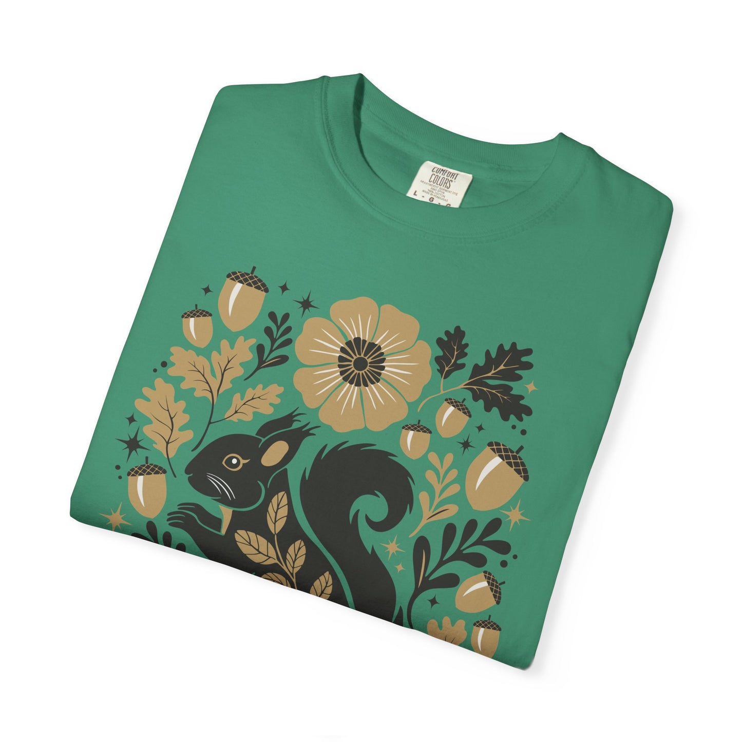 Woodland Squirrel Illustration T-shirt | Floral Acorn Nature Design Squirrels Tee, 100% Cotton Short Sleeve Shirts