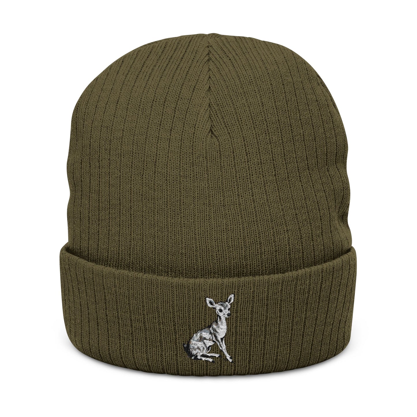 Fawn Baby Deer Embroidered Ribbed Knit Beanie Hat, Cuffed Beanie With Forest Animal Embroidery Design