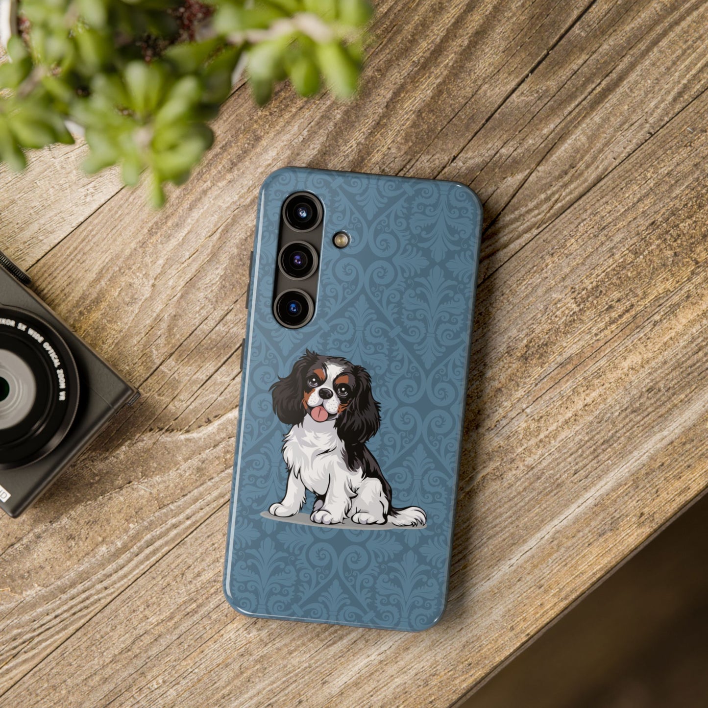 Tricolor Cavalier King Charles Spaniel Dog Phone Case, Tough Phone Cases Pet Dogs Blue Pattern