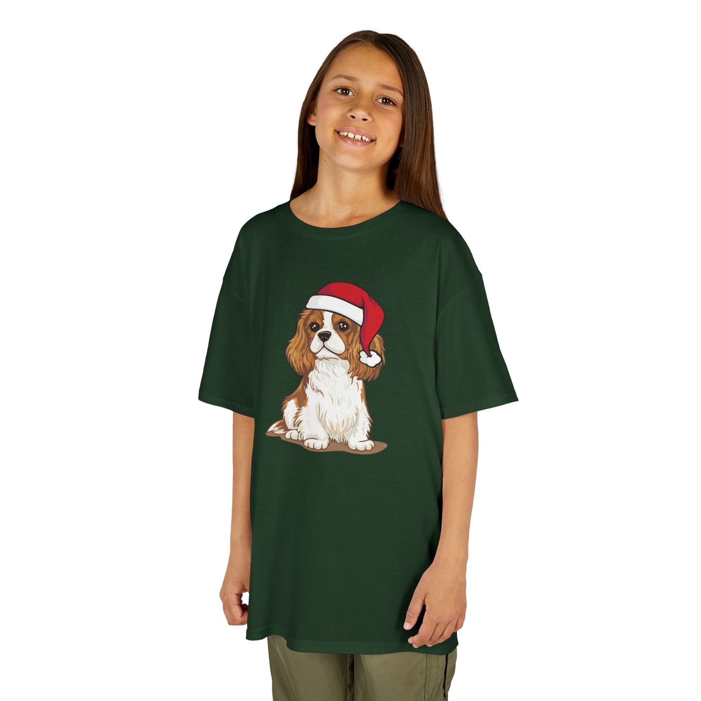 Kids Christmas Dog T-shirt, Santa Cavalier King Charles Spaniel Dogs Tee, Family Holiday Shirts, Children's Xmas Apparel Boys Girls Unisex