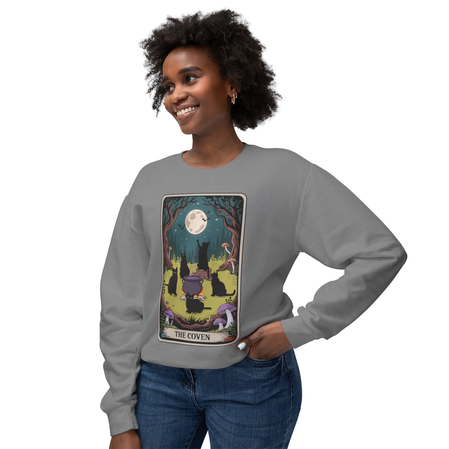 Tarot Card The Coven Witchy Black Cats Crewneck Sweatshirt, Magic Goth Halloween Top, Wicca Cat Lover Gift, Occult Witchcraft Sweatshirts