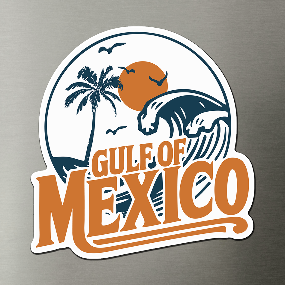 Gulf Of Mexico Magnet - 3" Retro Travel Vinyl Fridge Magnets, Tropical Ocean Vacation Nostalgia