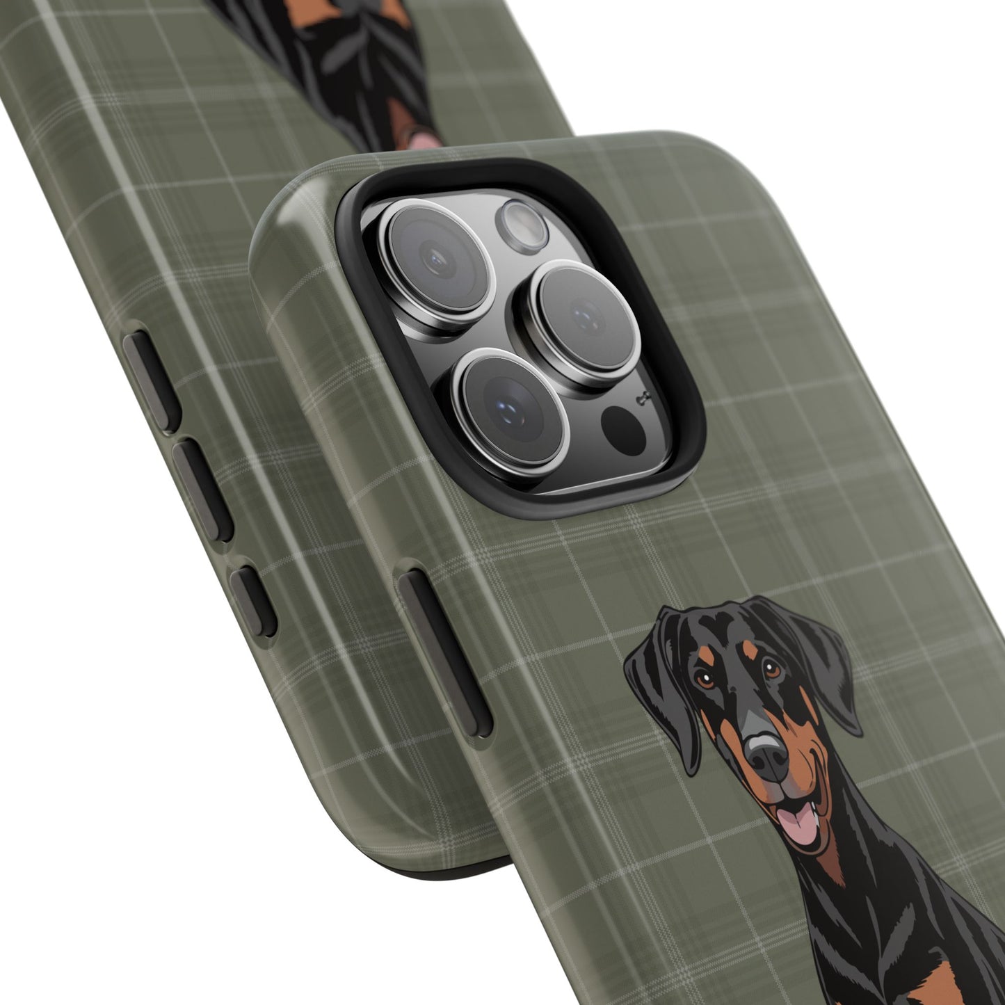 Doberman Pinscher Dog Phone Case, Tough Phone Cases Pet Dogs Green Plaid Pattern