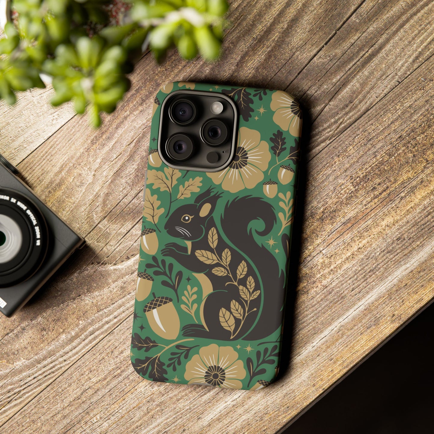 Green Squirrel Floral Pattern Cell Phone Case | Botanical Folk Art Acorn Leaves Design, Iphone Google Pixel Samsung Cases Matte Finish