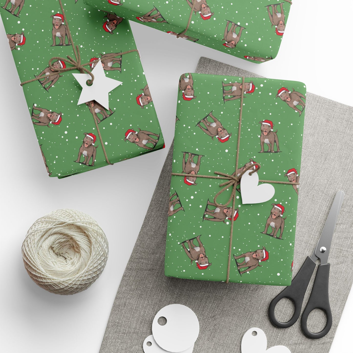 Christmas Pitbull Wrapping Paper - Holiday Gift Wrap Papers, Pit Bull Terrier Dog Owner Gifting Supplies, Santa Pittie Dogs Green Pattern